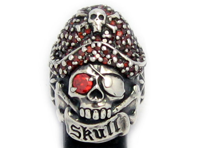 日本925純銀厚身大款全紅水晶海盜骷髏骨頭戒指