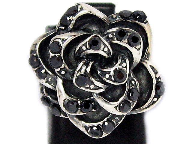 日本925純銀全黑水晶立體玫瑰花戒指