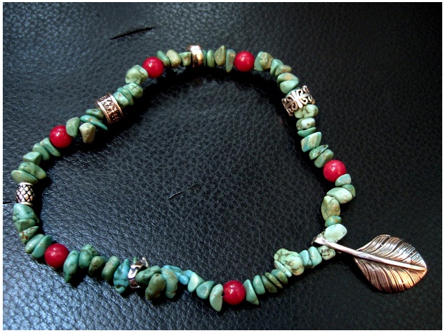日本925純銀天然綠松石紅珊瑚羽毛手珠手鍊