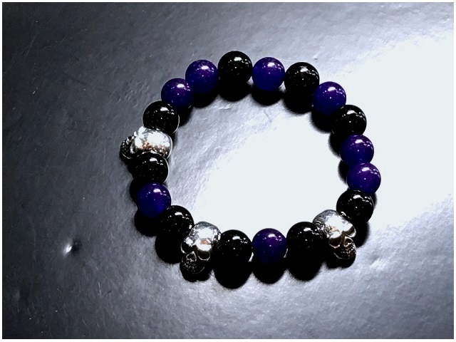 日本925純銀骷髏骨頭天然紫水晶黑瑪瑙手鍊手珠