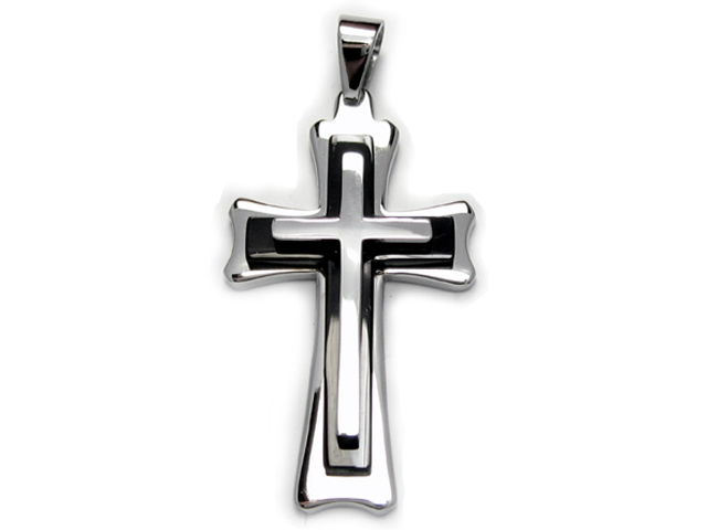 意大利純精鋼厚身重手三層設計銀黑色十字架吊